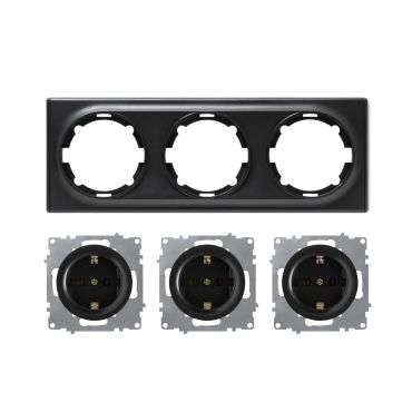 3x Schuko-Steckdose mit Abdeckrahmen 3fach, unterputz, waagerecht, schwarz